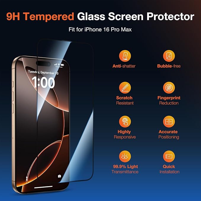 2 Pack HD Clear Screen Protector for iPhone 16 Pro Max 9H+ Tempered Glass Anti-Scratch Film Easy Installation Auto Alignment Dust Removal Military-Grade Protection Bubble-Free