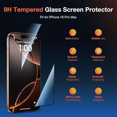 2 Pack HD Clear Screen Protector for iPhone 16 Pro Max 9H+ Tempered Glass Anti-Scratch Film Easy Installation Auto Alignment Dust Removal Military-Grade Protection Bubble-Free