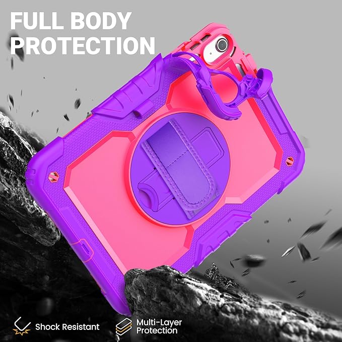 Kids Case for iPad (A16) 11th/10th Generation 11''/10.9'' 2025/2022: Shockproof Protective Case with Hand/Shoulder Strap Pencil Holder Rotate Stand Screen Protector