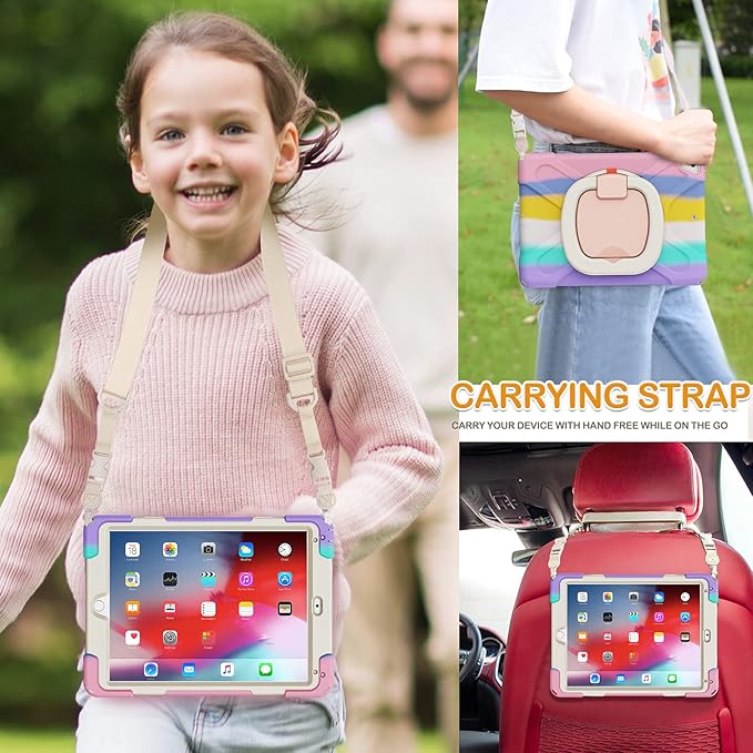 BRAECN for 9.7” iPad 6th/5th Generation Cases iPad Air 2/ iPad Pro 9.7 Kids Case-Heavy Duty Silicone Cover with Stable Kickstand Multi-Functional Grip Carrying Strap Pencil Holder-Colorful Pink