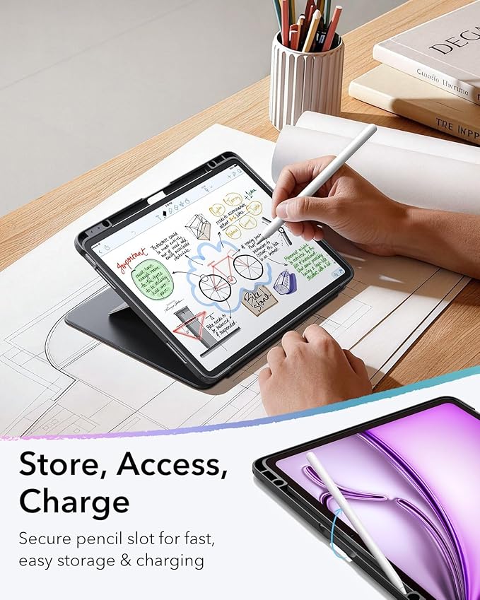 ESR for iPad Air 13 Inch Case M4/M3/M2 (2026/2025/2024) Vertical Stand Cover Multi Stand Angles Ultra-Stable Case with Pencil Holder Flip Series Black