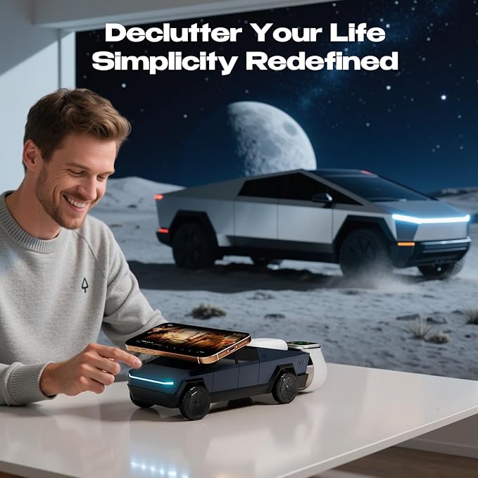 CyberDock 3-In-1 Wireless Charging Station Cybertruck 1:25 Scale Charger with Qi2 Certified 15W Charging for iPhone iWatch AirPod Magnetic Rotating Charger with Ambient Light 30W Adapter Deep Blue