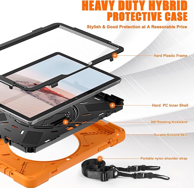ZenRich Rugged Case for Surface Go with Pen Holder Heavy Duty Shockproof Case with Stand Hand Strap and Shoulder Belt - Orange