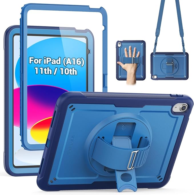 SEYMAC for iPad (A16) 11th/10th Generation Case 2025/2022 (11″/10.9″) Full-Body Shockproof Protective Case with Screen Protector Rotating Stand Hand/Shoulder Strap Navy Blue