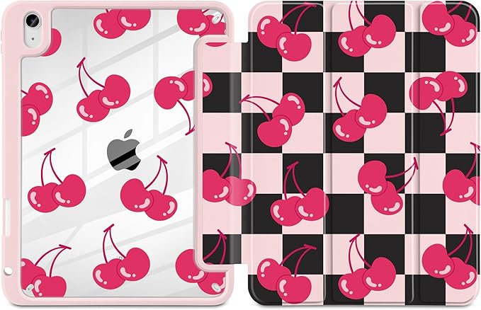 DONGKE Case for iPad (A16) 11th Generation 11 inch 2025 &amp iPad 10th Gen 10.9 inch 2022 [Built-in Pencil Holder] Clear Acrylic Back Trifold Stand Smart Cover Auto Sleep/Wake Cherry Checkers