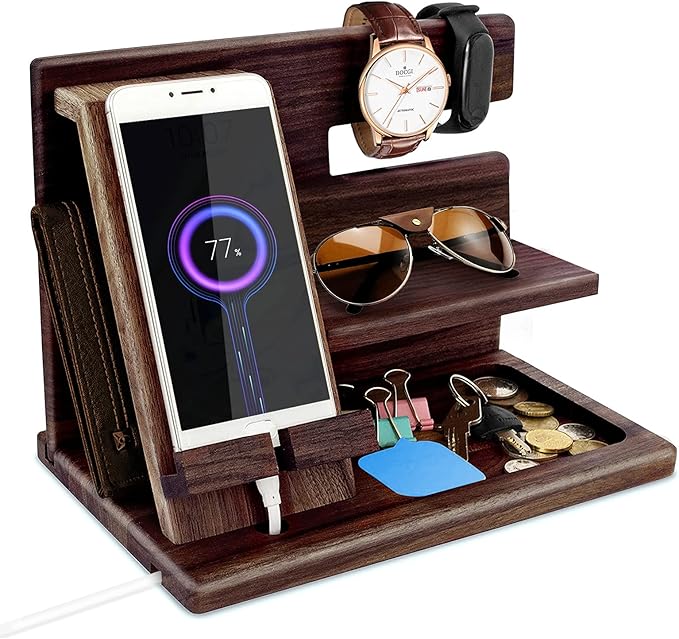 Gifts for Men Bedside Organiser Wood Phone Docking Station Dad Birthday Gifts for Him Nightstand Key Wallet Watch Stand Mens Gifts for Xmas Presents for Dad Husband Boyfriend Anniversary &amp Christm