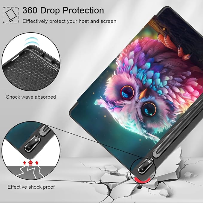 Tuiklol Case for Samsung Galaxy Tab S9 FE (5G) 10.9 inch &amp Tab S9 11 Inch 2023 Release Built-on S-Pen Holder Slim Hard Shell Case Smart Trifold Stand Cover Auto Wake/SleepRainbow owl