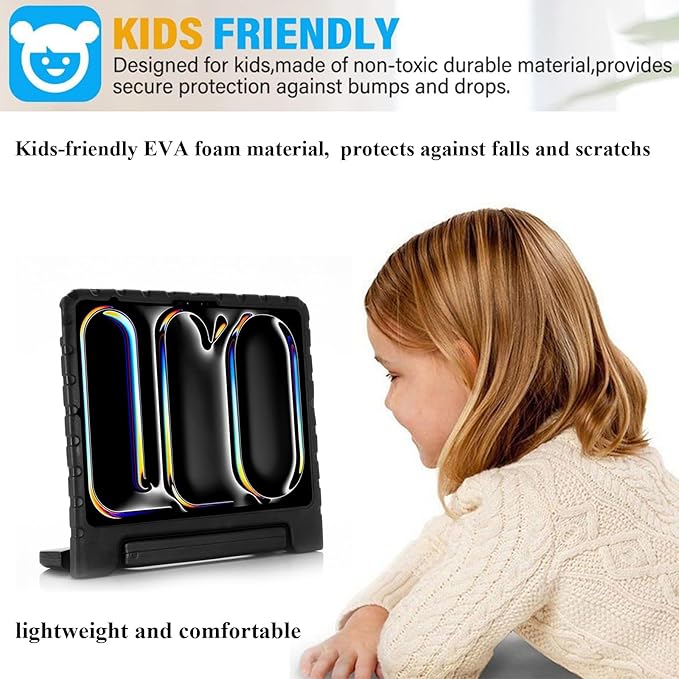 Kids Case for iPad Pro 13 inch M5/M4 (2025/2024) with Pencil Holder/Convertible Handle Stand Shockproof Slim Lightweight Cute Soft EVA Heavy Duty Rugged Kickstand Cover for Children Black