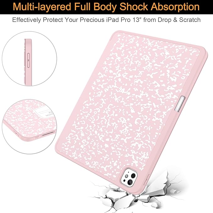 Soke Case for New iPad Pro 13 Inch (M5/M4 2025/2024 Release) with Pencil Holder Trifold Stand Shockproof [Support Apple Pencil Charging + Auto Wake/Sleep] Soft TPU Back Cover Book Pink