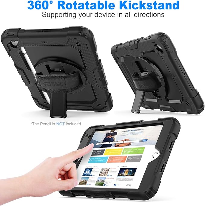 SEYMAC stock Case for iPad mini 5/4 with Screen Protector Pencil Holder [360 Rotating Hand Strap] &amp Stand Drop-Proof Case for iPad mini 5th/4th Generation 7.9 inch (Black)