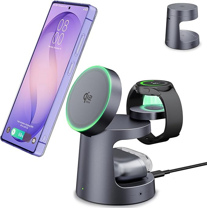 Qi2 Certified Magnetic Wireless Charger for Samsung 3-in-1 Fast Mag-Safe Charging Station with Night LightCompact Travel Charger Stand for S26 Ultra/S25 Ultra &ampGalaxy Watch Ultra 8/7