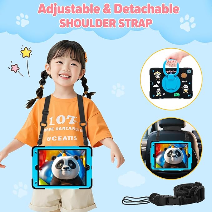 Case for iPad 9th/8th/7th GenerationCute 3D Cool Panda Warrior Design Cover with Screen Protector Rugged Protective Cartoon Case with Stand/Strap/Pen Slot for iPad 10.2 Kids Teens (Black+Blue)
