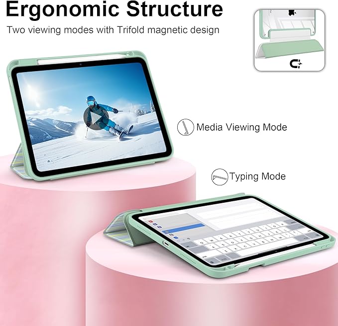 Case for iPad (A16) 11th Generation 11 inch 2025 /iPad 10th Gen 10.9 2022 - Aesthetic Cute Preppy Design Trifold Cover with Soft TPU Bumper Clear Back Auto Sleep/Wake Lines Green