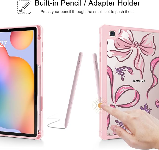 Mektron Case for Samsung Galaxy Tab S6 Lite 10.4 Inch 2024/2022/2020 with S Pen Holder Multi-Angle Viewing with Shockproof Cover Clear Shell + Trifold Stand + Auto Wake/Sleep Flowers-Bows-Pink