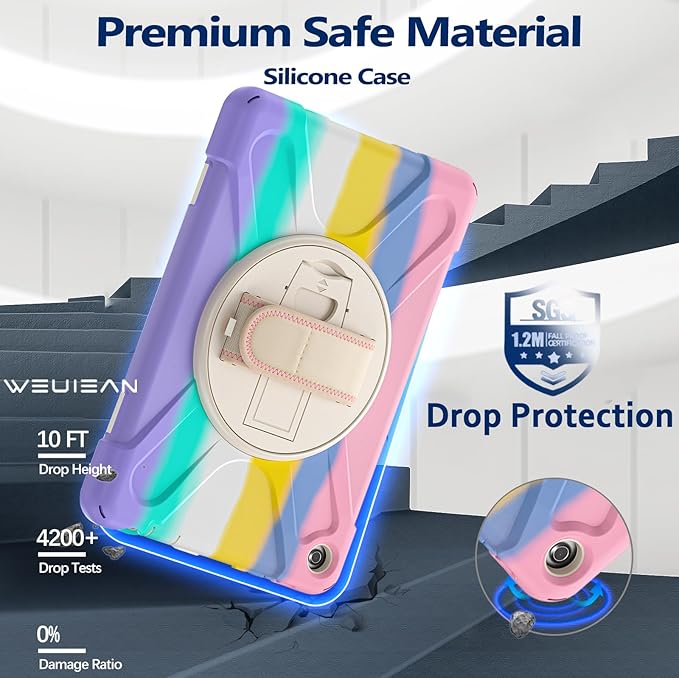 Weuiean Case for 10/10 Plus 13th Generation 10.1 2023 Military-Grade Heavy-Duty Shockproof Cover with 360° Rotating Stand Built-in Pencil Holder &amp Adjustable Hand/Shoulder Strap - Colorful Pink