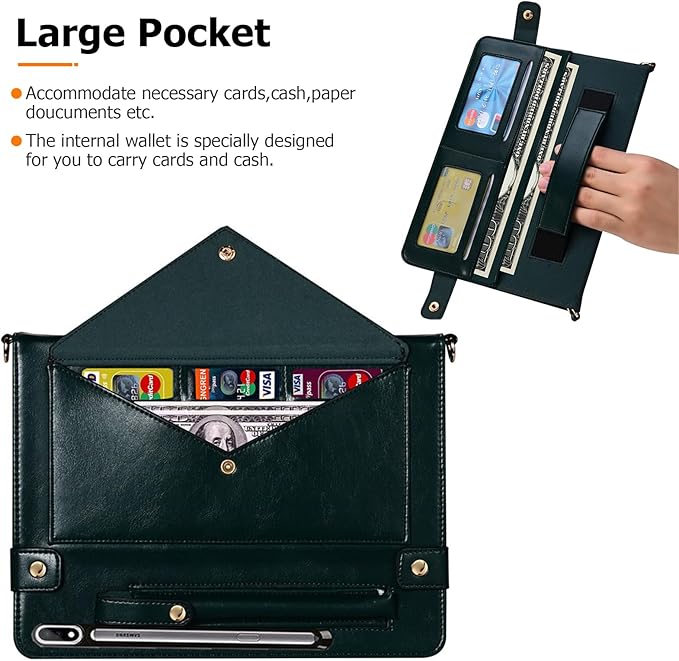 Dteck Case for Galaxy Tab S10 Plus/S9 Plus/S8 Plus+/S7 FE/S7 Plus 12.4 inchPU Leather Fold Business Stand Protective Cover with Pen Holder Card Slots Shoulder Hand Strap Handbag Wallet CaseDarkgreen