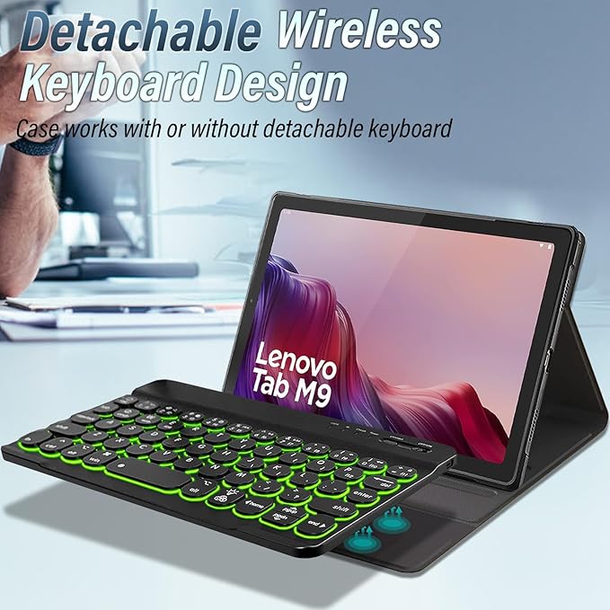 Backlit Keyboard Case for Lenovo Tab M9 Case 9 Inch 2023 (Model:TB-310FU/TB-310XU) 7 Colors Backlight Detachable Wireless Keyboard Protective Cover Case for Lenovo Tab M9 9 2023 Release