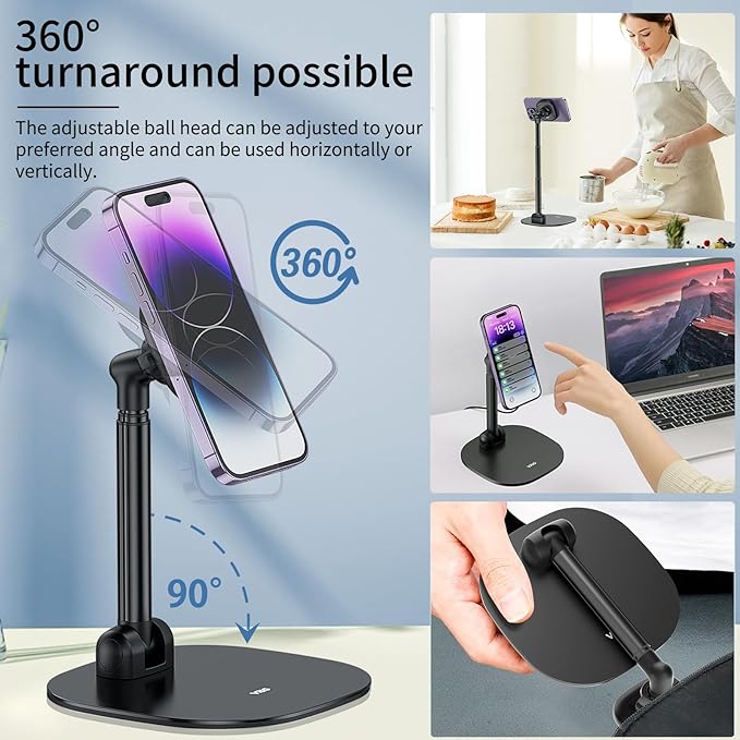 VRIG Magnetic Desk Phone Stand for Office/Home 360°Rotation Wireless Charger Phone Holder with Magnetic Ring Height&ampTilt Adjustable Cell Phone Stand for iPhone 16 15 14 13 12 and More/Android