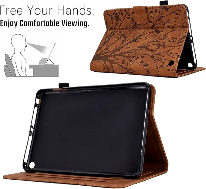 for Amazon Kindle Fire HD 8 &amp Fire HD 8 Plus Case (12th/10th Generation 2024/2022/2020) 8 UUcovers Embossed Magneic Smart Cover with Stand/Pencil Holder [Auto Sleep/Wake] Brown Lucky Tree