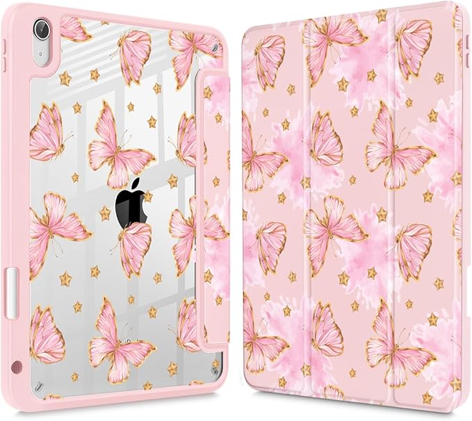 Tuiklol Case for iPad 11 inch (A16 Chip) 2025 Gen 11th / iPad 10.9 inch 2022 10th Gen Buit in Pencil Holder with Shockproof Cover Clear Transparent Back Shell Auto Wake/SleepPink Butterfly