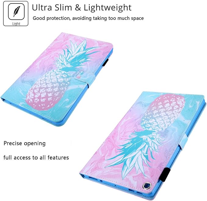 Case for Amazon Kindle Fire HD 10 Tablet 9th/7th Generation 2019 and 2017 with Stylus Holder Card Slots [Auto Sleep/Wake] Smart Stand PU Leather TPU Magnetic Folio Cover Pink Pineapple