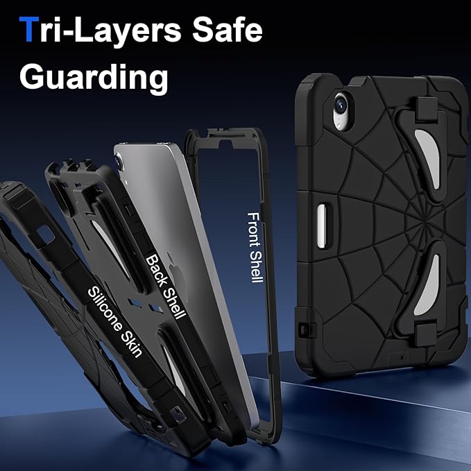 Kids Case for iPad mini 7 A17 Pro 2024/ Mini 6 8.3 inch Spider Case for iPad mini 7th 6th Generation Shockproof Durable Full Protective Cover with Pencil Holder Kickstand (Black+Black)