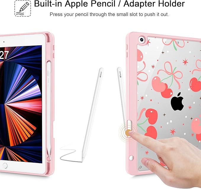 May Chen for iPad 9th Generation with Pencil Holder iPad 8th/7th Gen Case 10.2-inch [Penceil Holder] Trifold Stand Auto Wake/Sleep Clear TPU Protection Back Cover Coquette Cherry