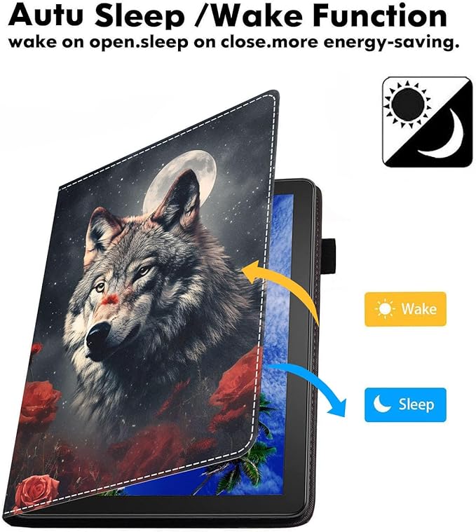 Case for Amazon Fire HD 10/HD 10 Plus Tablet 10.1 (13th/11th Generation 2023/2021 Release) Slim PU Leather Cover with Card Slot &amp Auto Wake/Sleep Moon Wolf