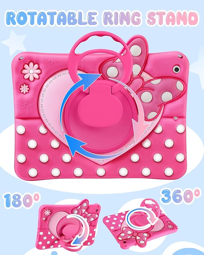 Boaretiu Kids Case for iPad 9th/8th/7th Generation 10.2 Inch 2021/2020/2019 - Cute Girly Cartoon Soft 3D Bow Heart Dot Silicone Case with Strap &amp Rotating Stand Tablet Cover for Girls Teens