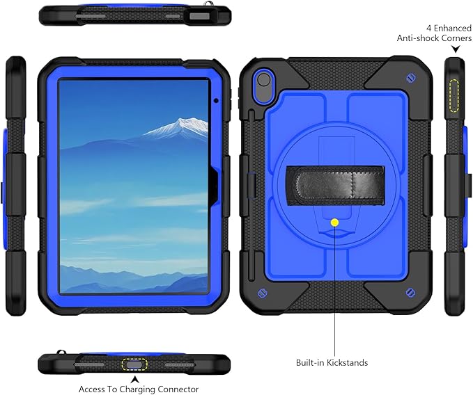 MENZO Case for iPad A16 11th Generation 11 Inch 2025 iPad 10th Gen 2022 10.9 inch 360° Rotating Stand Built-in Pencil Holder Convenient Hand and Shoulder Strap Durable Shockproof Black+Deep Blue