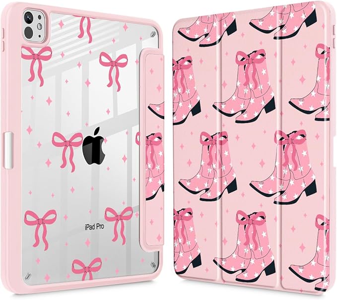 May Chen Case for iPad Pro 11-Inch M5/M4 2025/2024 (6th/5th Generation) [Penceil Holder] Trifold Stand Auto Wake/Sleep Clear TPU Protection Back Cover Pink Boots Bows