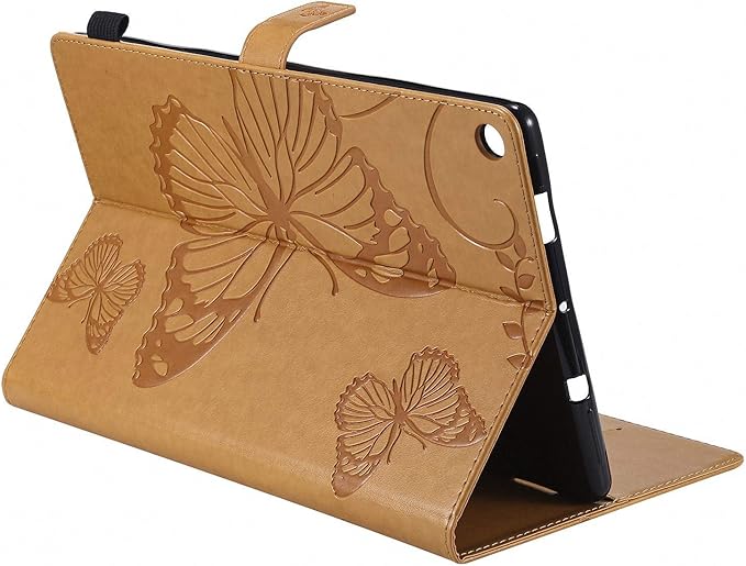 Wallet Case for Fire HD 10 (9th/7th/5th Generation 2019/2017/2015) Techcircle Butterflies Embossed Stand Folding Cover with Card/Cash Holder for Amazon Fire HD 10.1 Tablet Auto Sleep/Wake Ochre