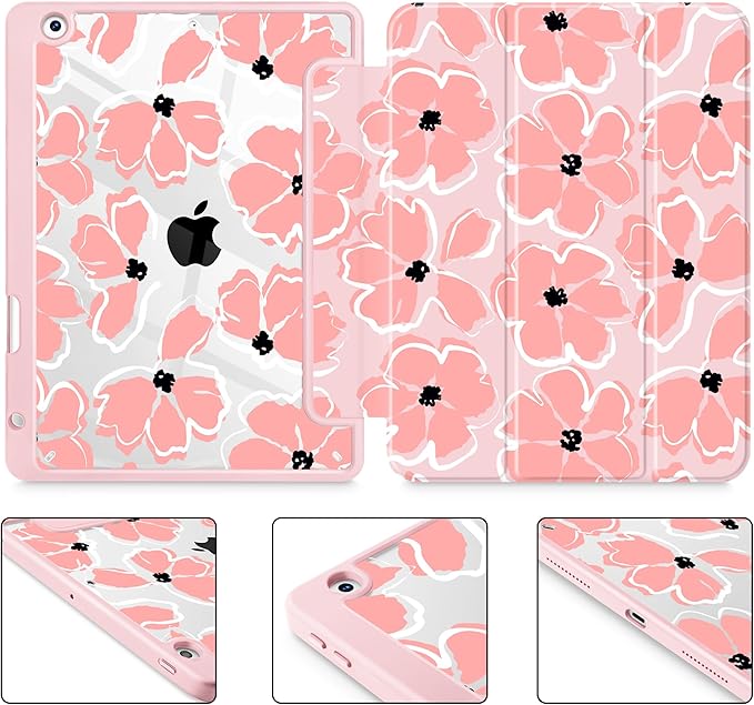 Case for iPad 9th/ 8th/ 7th Generation 10.2-Inch Case(2021/2020/2019 Release) [Built in Pencil Holder] Trifold Stand Auto Wake/Sleep Clear TPU Protection Back Cover Hand Drawn Flowers