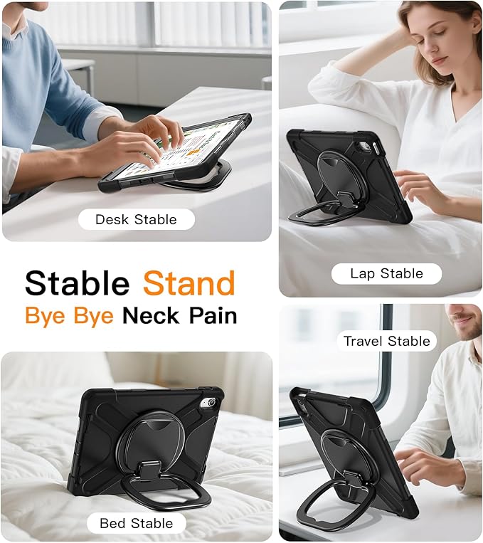 BATYUE Case for iPad (A16) 11th/10th Gen 11''/10.9'' 2025/2022 - Heavy Duty Shockproof Cover with 360° Rotating &amp 180° Folding Stand Screen Protector Shoulder Strap &amp Pencil Holder | Black