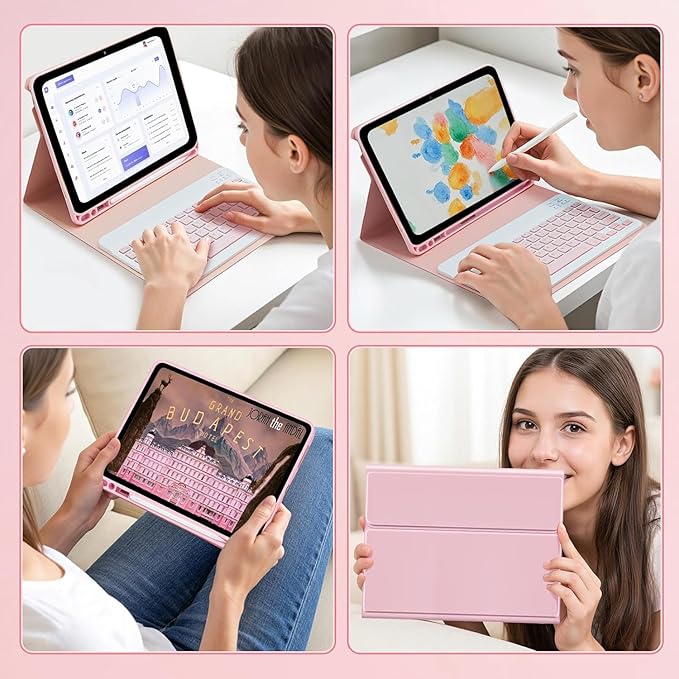 Keyboard Case for Amzaon Fire HD 10/10+ Plus (11/13th Generation) Case with Keyboard - 7 Colors Backlit Keyboard Protective Case and Mouse (Pink)