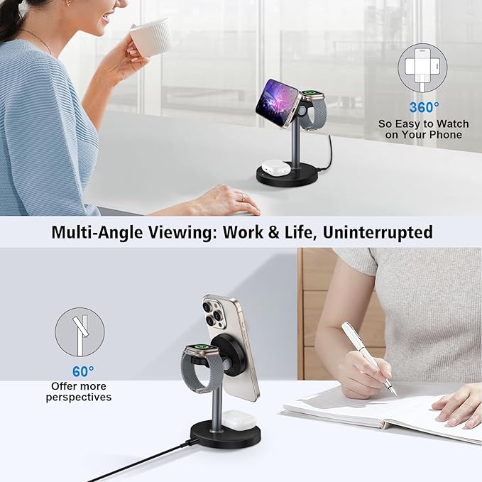 3 in 1 Wireless Charging Station for Multiple Devices 15W Fast Magnetic Wireless Charger Stand with Adjustable Angle Compatible with iPhone12-16 Series Apple Watch AirPods - Gifts for Men &ampWom