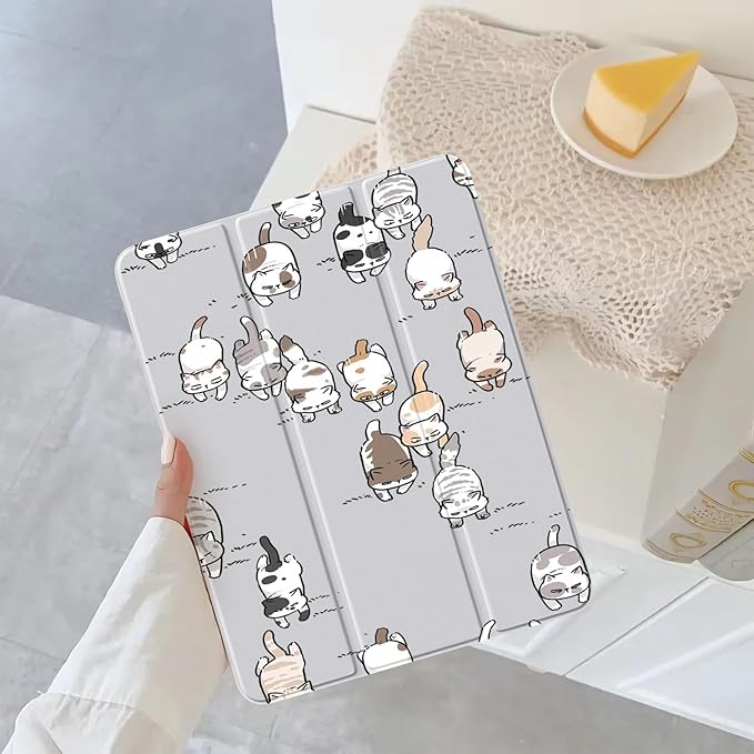 Cute Kawaii Cat for iPad Pro 13 Inch Case 2024 with Pencil Holder Foldable Grey Leather Cover Case Support Auto Sleep Wake