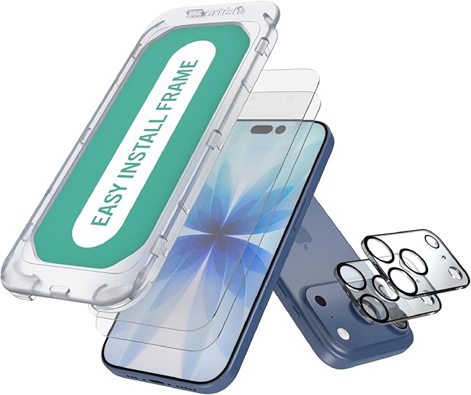 Smartish® iPhone 17 Pro Screen Protector + Camera Lens Covers - Tuff Sheet - 2-Pack Tempered Glass 9H Easy Install Frame Case-Friendly - Dynamic Island for Apple iPhone 17 Pro - Clear 2-Pack