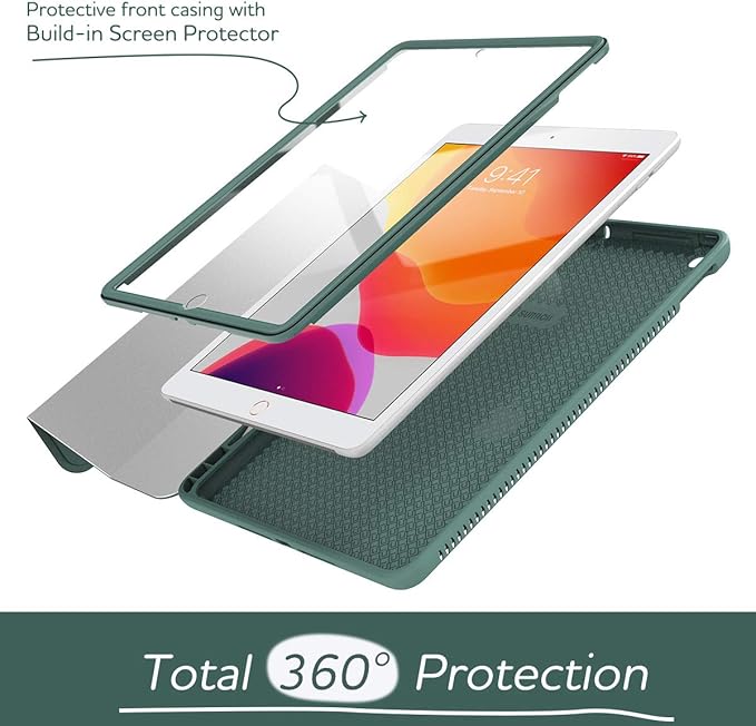 SURITCH for iPad 9th/8th/7th Generation iPad 10.2 Case [Built in Screen Protector] [Pencil Holder] Lightweight Leather Smart Cover and Magnetic Trifold Stand for iPad 2021/2020/2019-Midnight Green