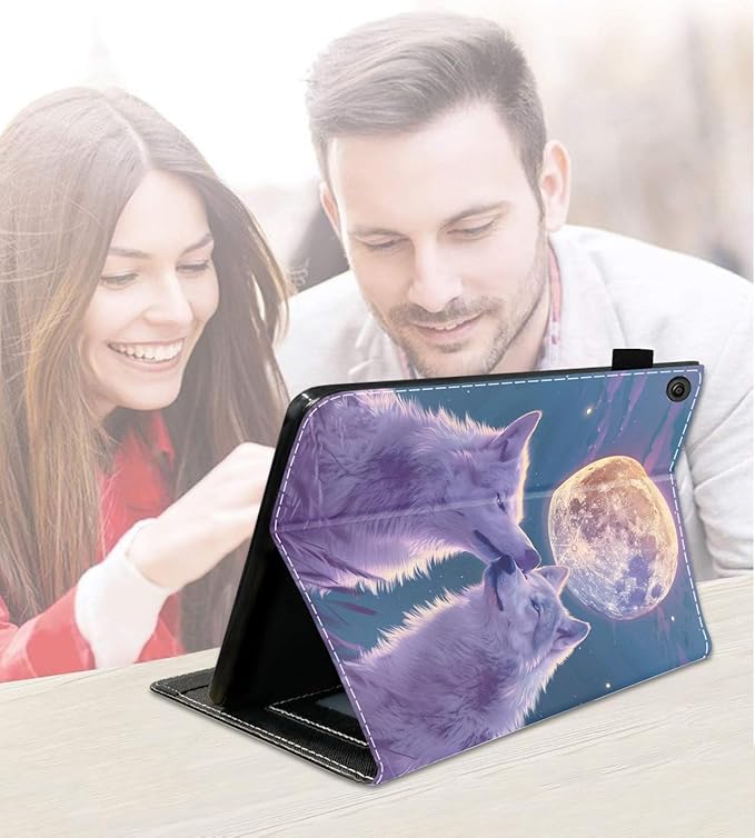 Case for Amazon Kindle Fire 7 Tablet (7 9th/7th Generation 2019/2017 Release) Slim PU Leather Cover with Card Slot &amp Auto Wake/Sleep White Wolf Under The Moon
