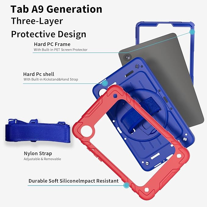 Case for Samsung Galaxy Tab A9 Case 8.7 Inch 2023 with 360 Rotating Hand Strap &amp Shoulder StrapProtective Case for Galaxy Tab A9 8.7 Tablet SM-X110/X115/X117 (Red+Blue)