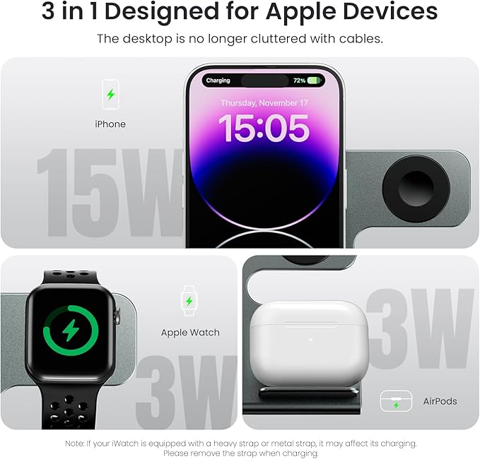 3 in 1 Aluminum Alloy Magnetic Wireless Charging Station Compatible with iPhone 16/15/14/13/12 Series ESSAGER 15W Wireless Charger Office Bedroom Table for Airpods 4/3/2/Pro iWatch with 20W Adapter
