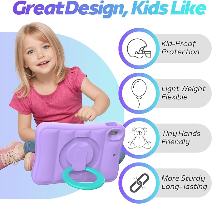 MRWHO Kids Case for iPad 9th 8th 7th Generation 10.2 inch – Lightweight Flexible Shockproof Rotating Stand Handle Rugged Cover for iPad 9 8 7 Gen Girls Boys Purple
