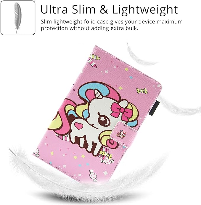 7.0 inch All-New Amazon Kindle Fire 7 Tablet Case 9th/7th/5th Generation (2019/2017/2015 Release) with Stand Pencil Holder [Auto Wake/Sleep] PU Leather Folio Smart Cover Pink Candy Unicorn