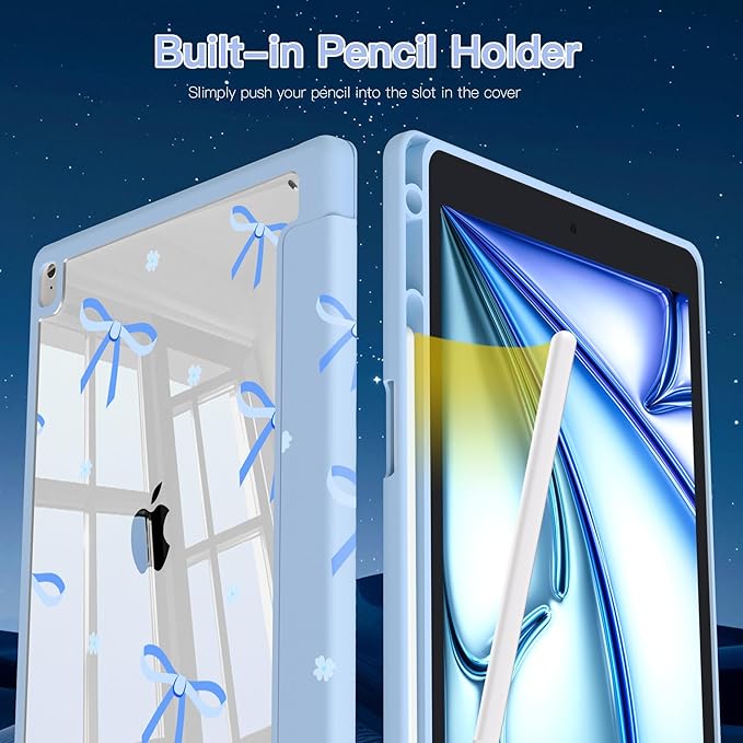 Teryeefi for iPad 10.2 case 2021 Release 9 Generation Built in Pencil Holder - Stand-Auto Wake/Sleep TPU Protection Stand Clear Back Cover for 2020 2019 iPad 7th/8th Case (Blue Bow)