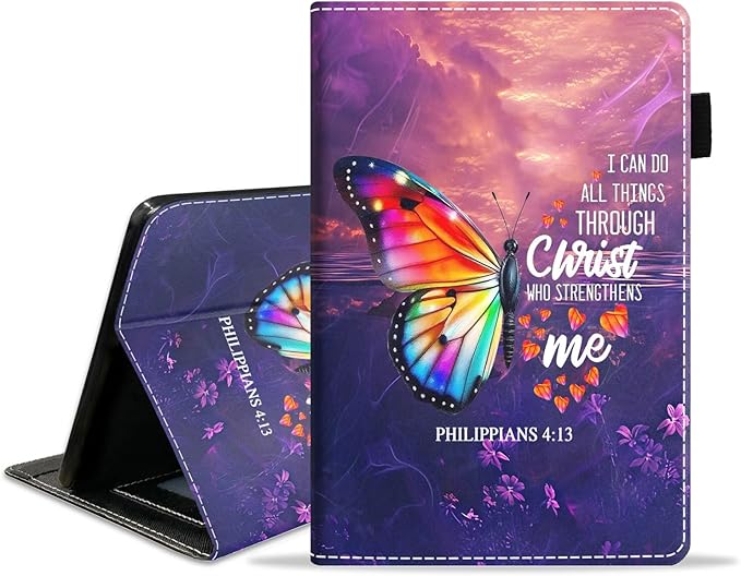Case for Amazon Fire HD 10/HD 10 Plus Tablet 10.1 (13th/11th Gen 2023/2021 Release) Slim PU Leather Cover with Card Slot &amp Auto Wake/Sleep Butterfly Quote Bible Verse Philippians 4-13