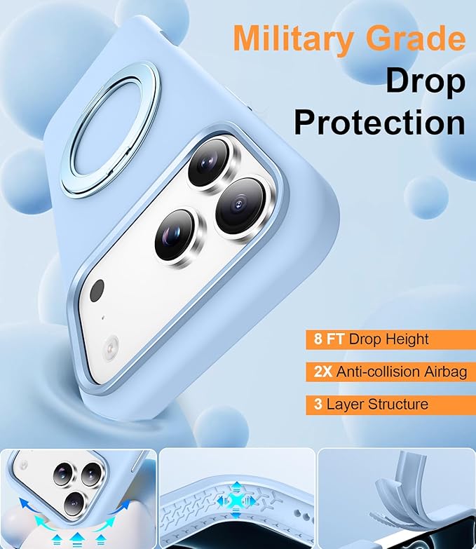 STERKER 360° Rotatable Stand Compatible with iPhone 17 Pro Max Case with Magnetic [Military Grade Drop Tested][Adjustable Kickstand] Ring Holder Silicone Slim Back Soft Edge Sky Blue