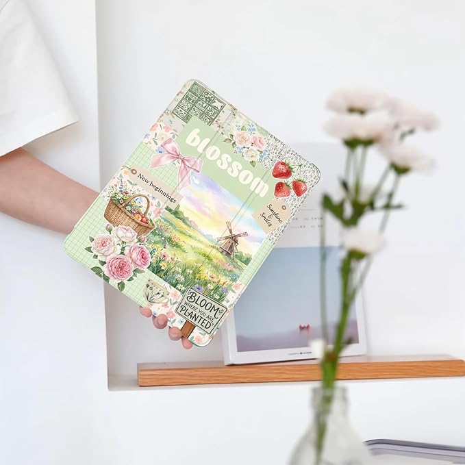Cute Flower Blossom Floral for iPad mini 7 A17 Pro 2024/iPad Mini 6 Case with Pencil Holder Auto Sleep/Wake Green Leather Soft TPU Back Cover