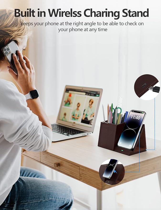 Pen Holder with Wireless Charger Compatible with iPhone 17/16/15/14/13/12/11/8 Series Pencil Holder Phone Stand for Desk Home Office Men Gift Husband Wife Anniversary Dad Birthday Idea Gadget