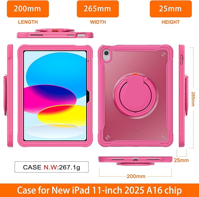 Batianda Ultimate Protective Case for New iPad 11th Generation 11 inch 2025 A16 Chip Sturdy Rugged Shockproof Silicone Tablet Cover with 360° Rotatable Ring Kickstand &amp Pencil Holder Pink